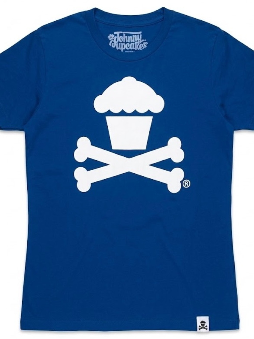Johnny Cupcakes NWOT Royal Blue Classic Crossbones Logo Graphic Tee Shirt L NOS